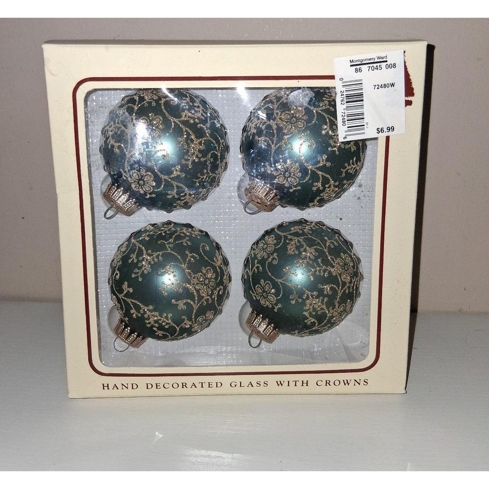 Vintage Christmas by Krebs Hand Decorated Glass Ornaments Set of 4 Teal Gold Flo